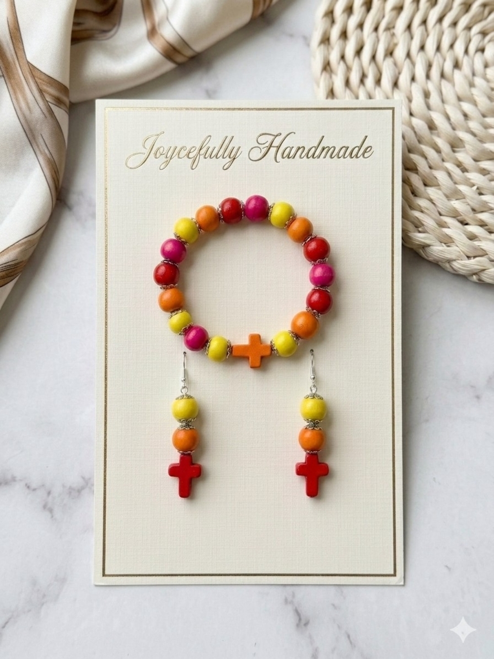 Bead Bracelet & Cross Earring Set - Pink Orange Yellow